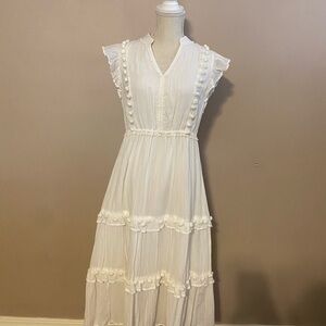Crown & Ivy White Midi Dress with Pom Pom Details